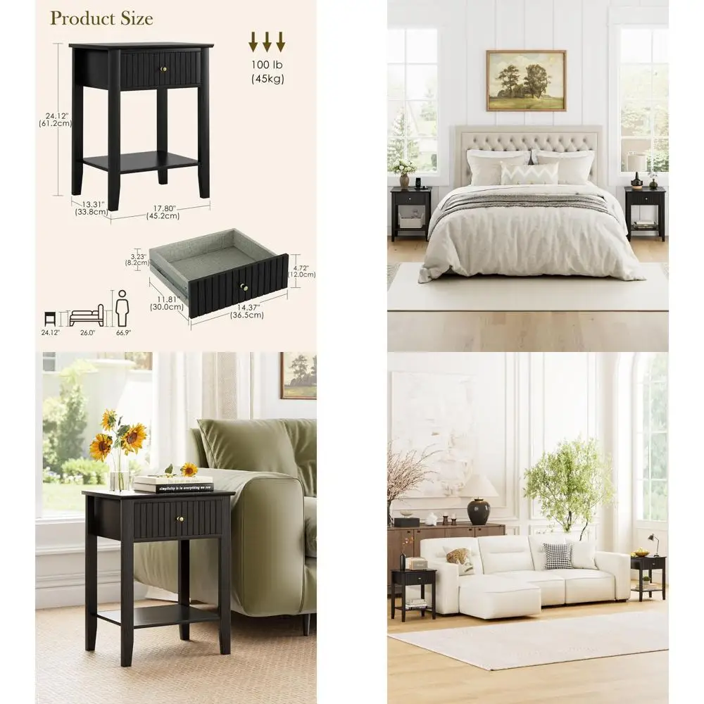 

Mid-Century Black Farmhouse Nightstand with Fluted Design and Single Drawer for Bedroom or Living Room
