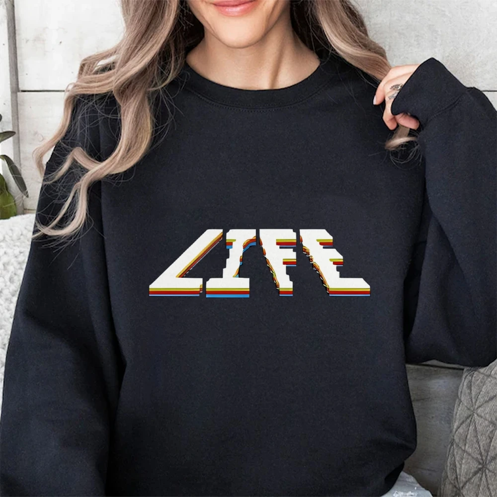 Glitch Life Sweatshirt Colorful LIFE Text Print Casual Loose Long Sleeved Autumn Unique Trendy Vibe Relaxing Comfortable Top