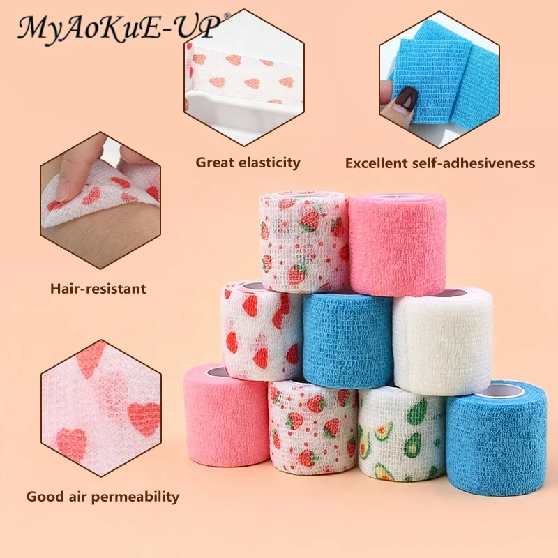 5pcs Cute Strawberry Self Adhesive Cohesive Bandage Elastic Wrap For Tattoo Aftercare Nail Art Makeup Finger Protector Tape