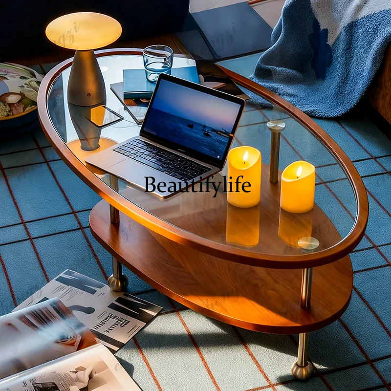 Retro solid wood tempered glass stainless steel oval coffee table small apartment living room creative coffee table