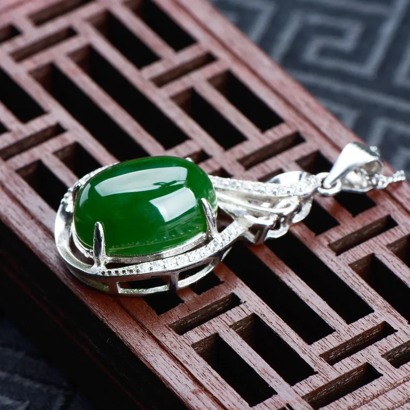 Hetian Jade Pendant In Spinach Green, Oval Cabochon, Collarbone Chain Necklace Women