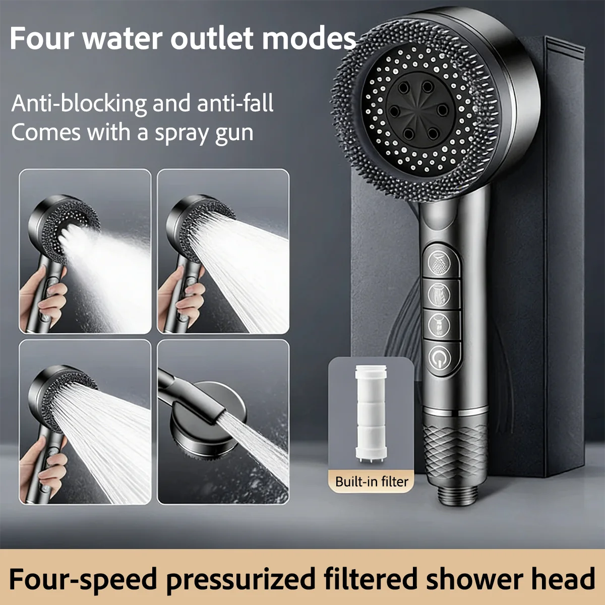 Soft silicone handheld massage shower head with anti-fall filter multi-level pressure boosting shower head can filter impurities