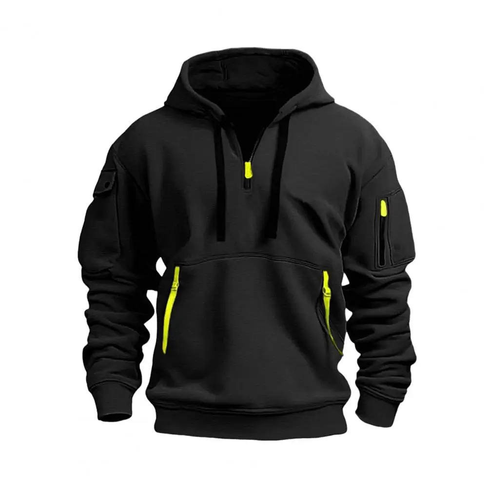 Spring Hoodie Stylish Men's Half Zipper Hoodie with Drawstring Pockets Elastic Cuffs for Sport Fitness Travel School