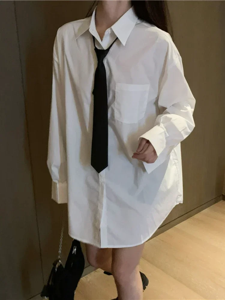 QNPQYX New Women Shirts Autumn Spring Korean Fashion Long Sleeve Oversized Shirt White Casual Loose Long Shirts Blouses with Tie