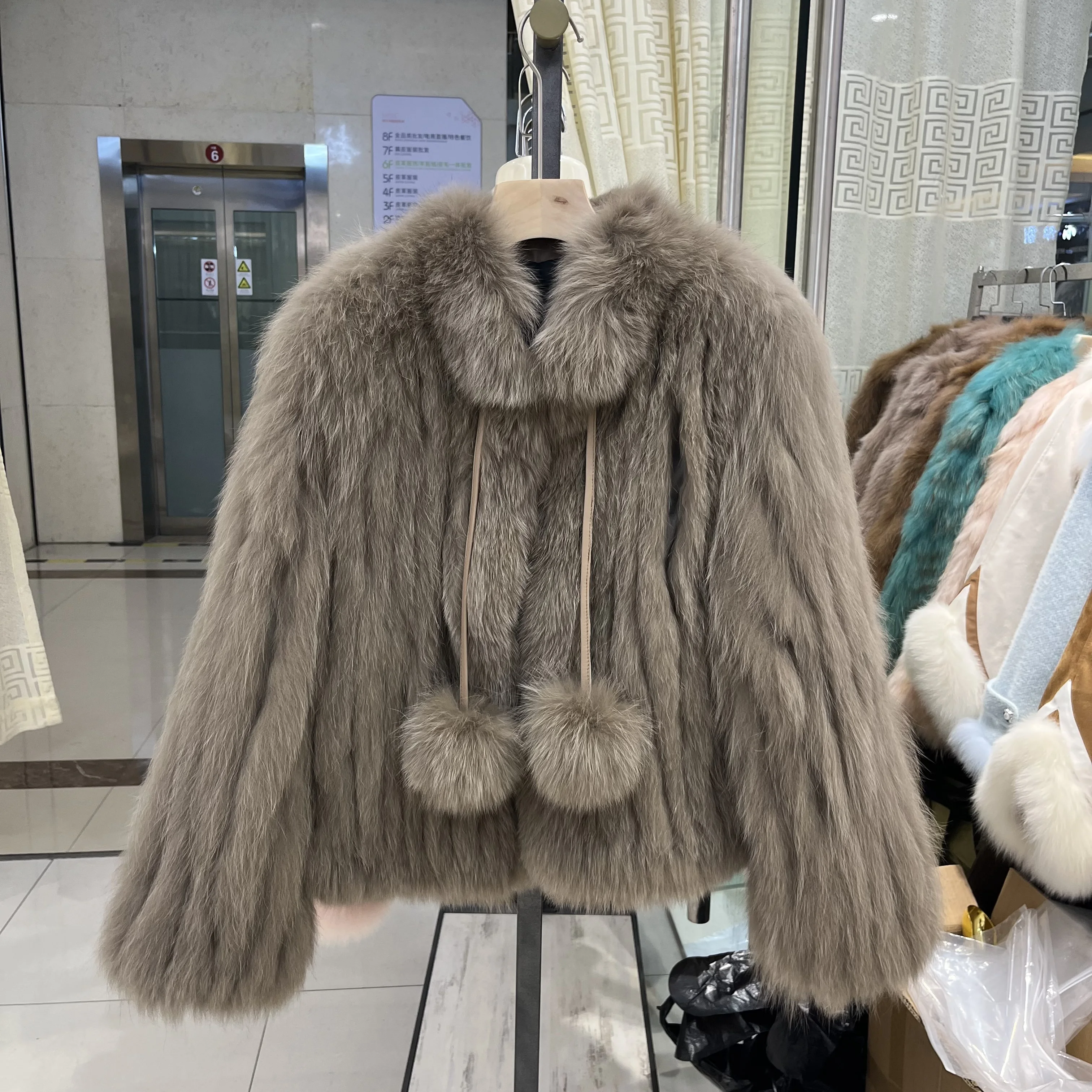 Women Autumn Winter New Cute Girl Feeling Real Fox Fur Strip Sewed Toghter Woven Coats With Real Fox Fur Ball Female Jackets