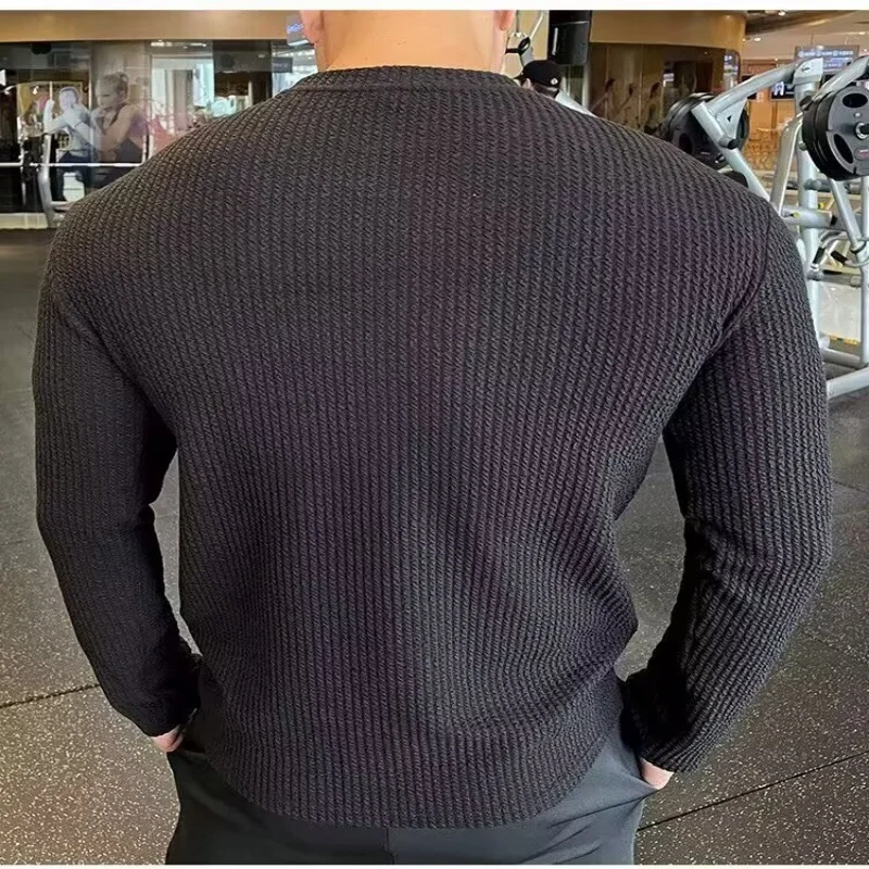 

Texture wrinkled texture T-shirt for men, soft and breathable slim fit knitted long sleeved running, sports training and fitness