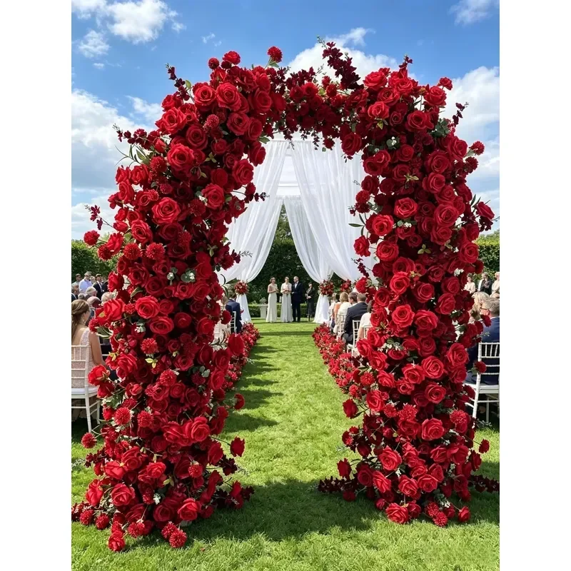 Red Rose Artificial Flower Arch, Wedding Ceremony Backdrop Decor, Removable Floral Arch for Party & Event