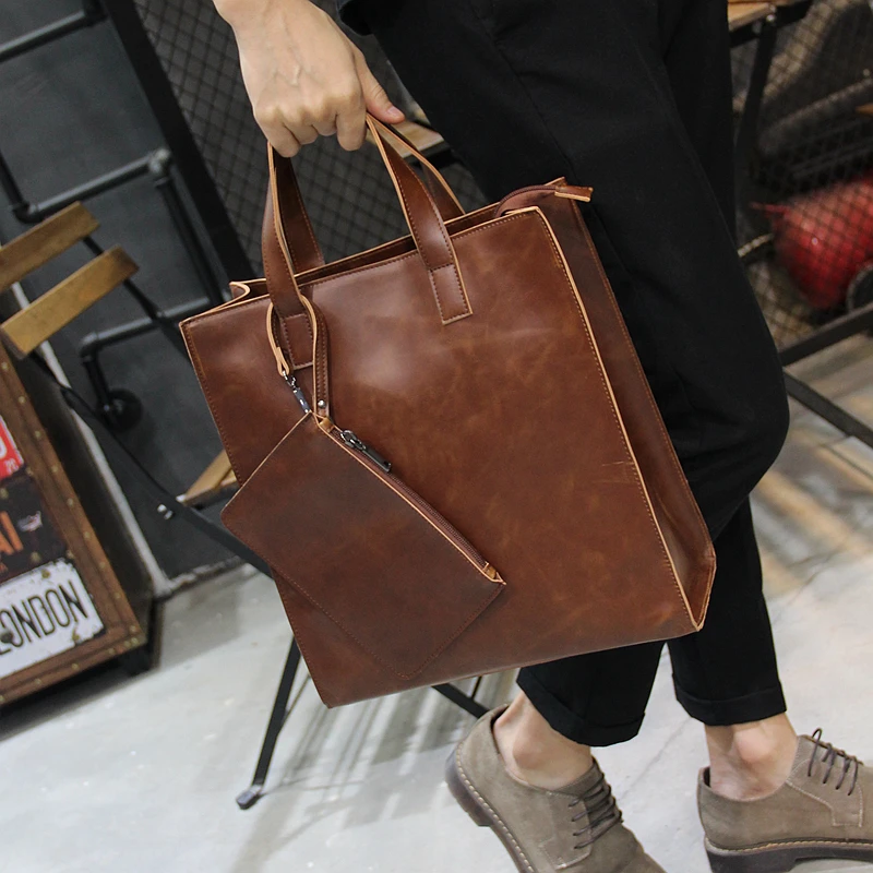 Men's Vintage Tote Bag  Crazy Horse pu Leather Shoulder Messenger Bag British Fashion Handbag Large Capacity Messenger Bag