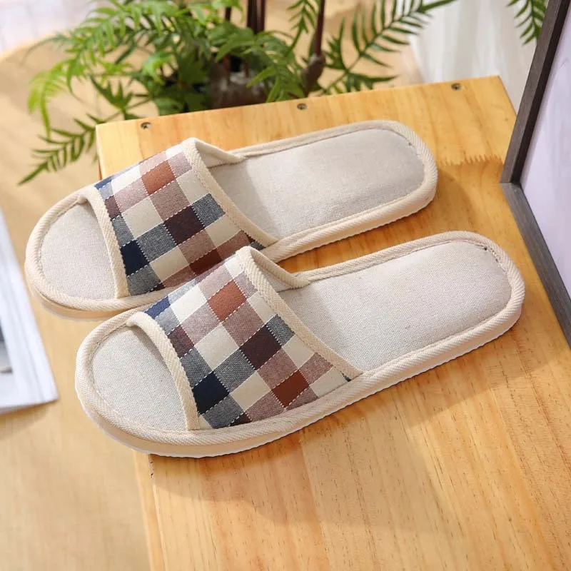 Couple Flip Flops Slides Striped Linen Four Season Indoor Slippers Women Cotton Non-slip Soft Bottom Home Wood Floor Sandals