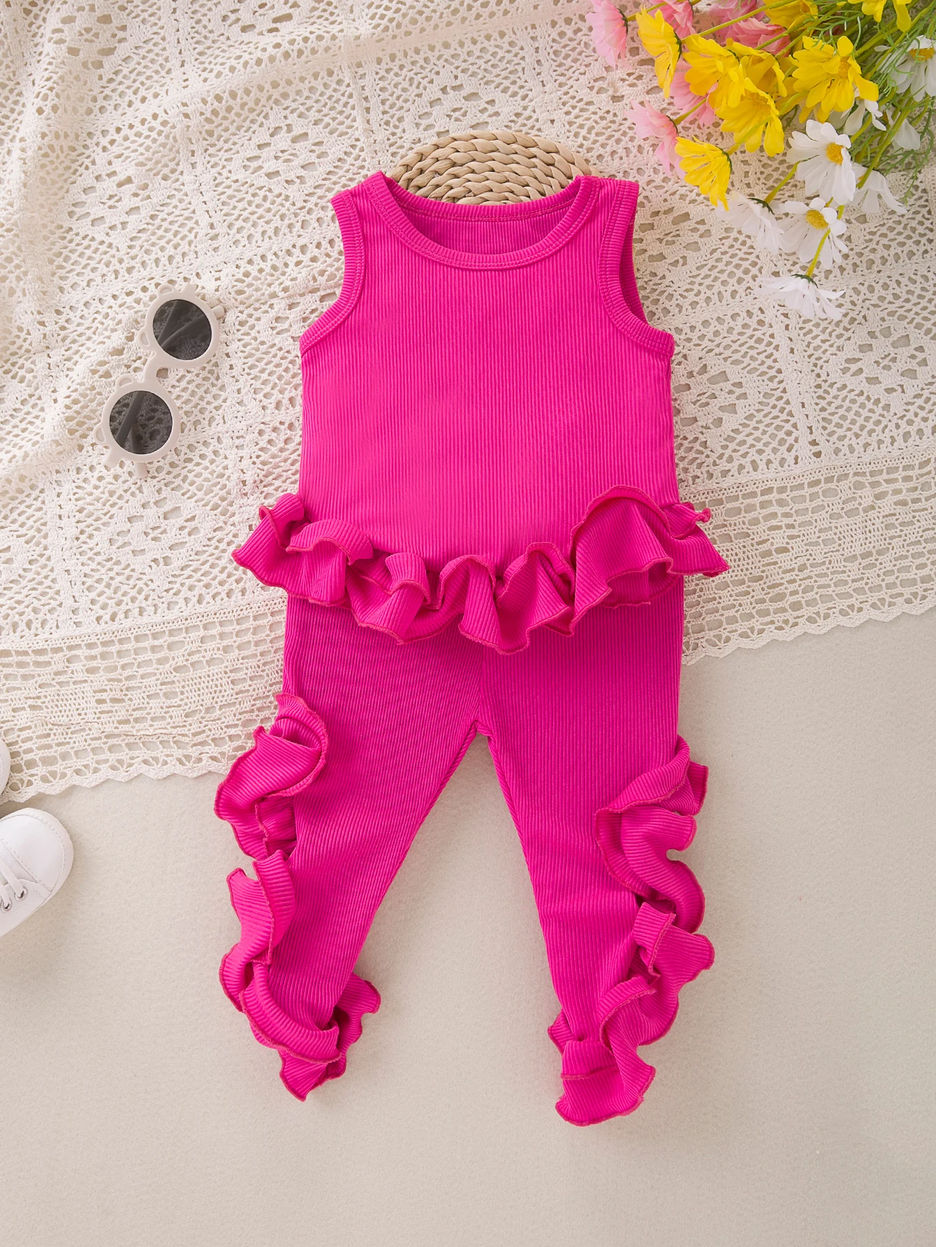 Baby Girl Spring & Summer New 2pcs Outfit Camisole Top+Pants Set Irregular Lace & Ruched Decoration Cute Casual Fashion Clothing