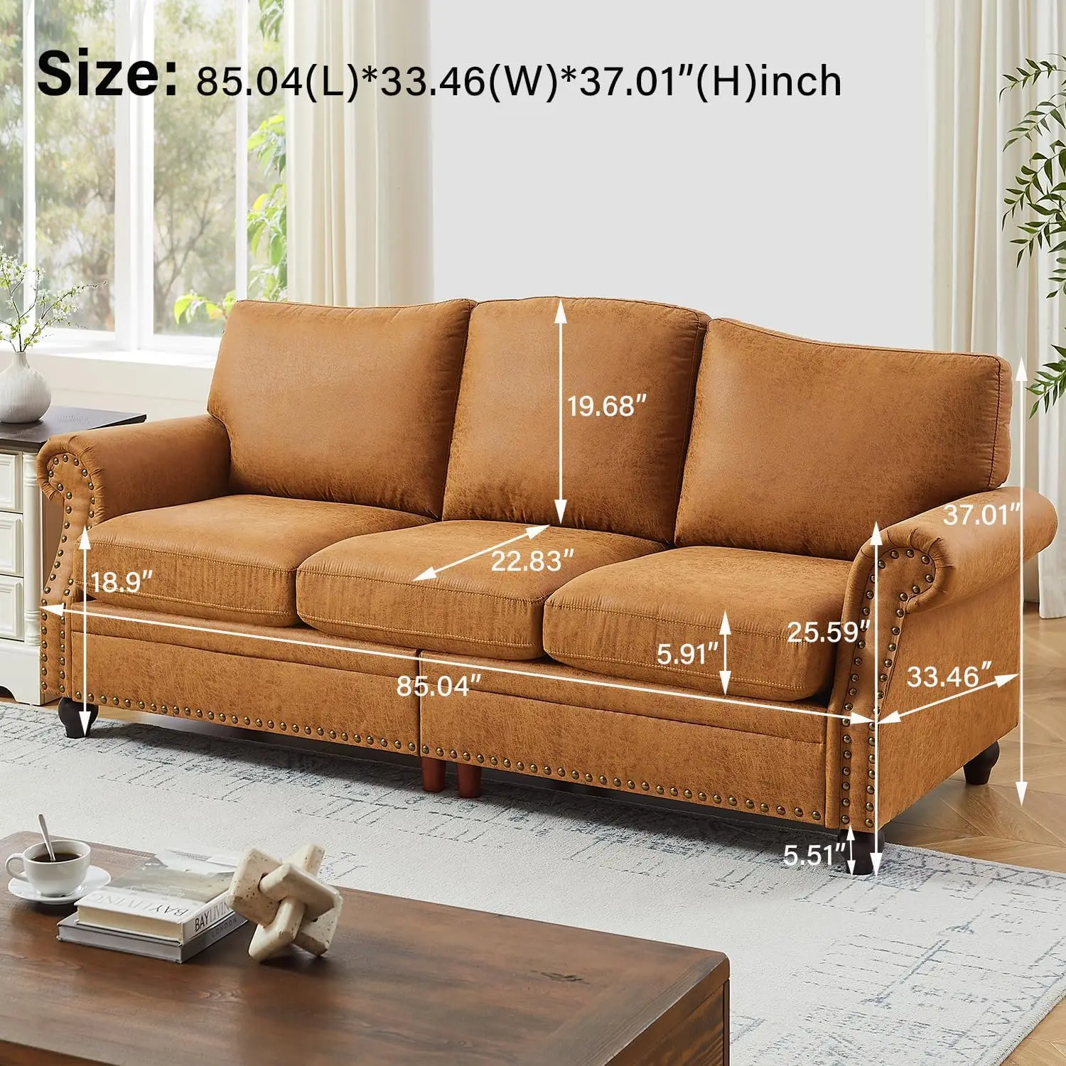 Faux Leather Couch for Living Room, Mid Century Modern Leather Sofa with Rolled Arm, Classic 3 Seat Brown Couches with Nailheads Trim, Big Comfy Couch with Deep Seat