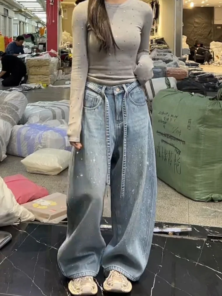 American Style High Waist Shiny Sequin Wide Leg Jeans Women's Loose Slim Straight Knife Wide Leg Pants Spring New Style