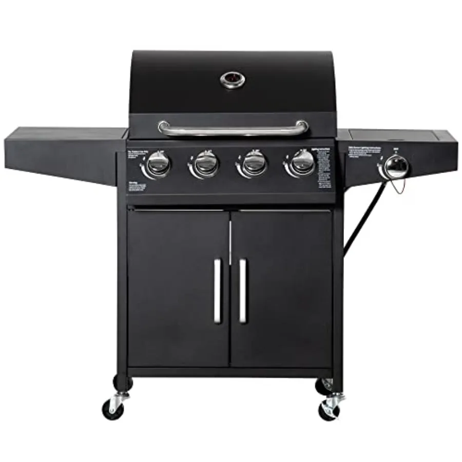 

4 Burner Propane Gas Grill with Side Burner 50 000 BTU Steel Outdoor Barbeque Grill Cabinet Shelf Warming Rack Thermometer Whee
