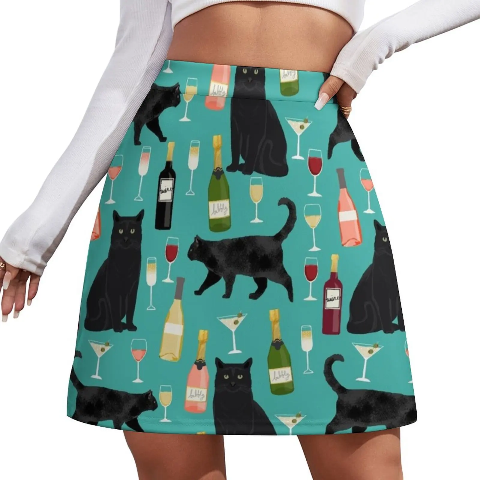 

Black cat wine champagne cocktails cat breeds cat lover pattern art print by PetFriendly Mini Skirt dress Women's summer dress