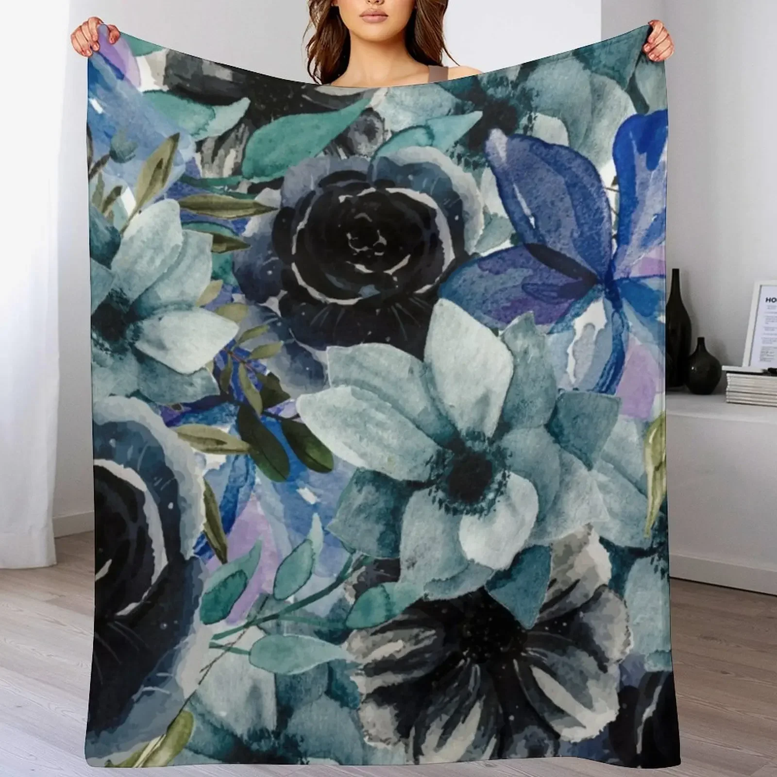 

Dark Blue Watercolor All Over Floral Pattern Throw Blanket Men's Soft Warm Throw Blanket for Couch