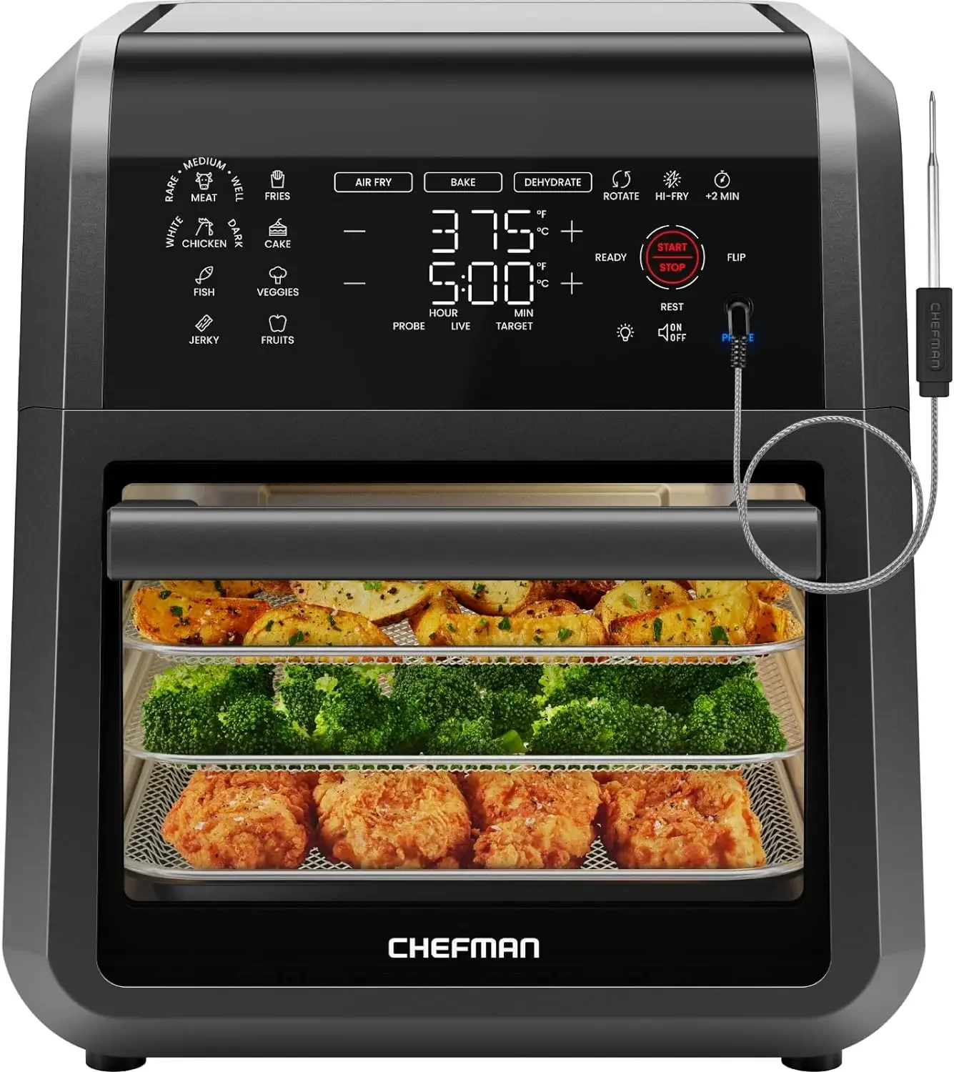 NEW ExacTemp™ 12 Quart 5-in-1 Air Fryer with Integrated Smart Cooking Thermometer, 28 Touchscreen Presets, Rotisserie