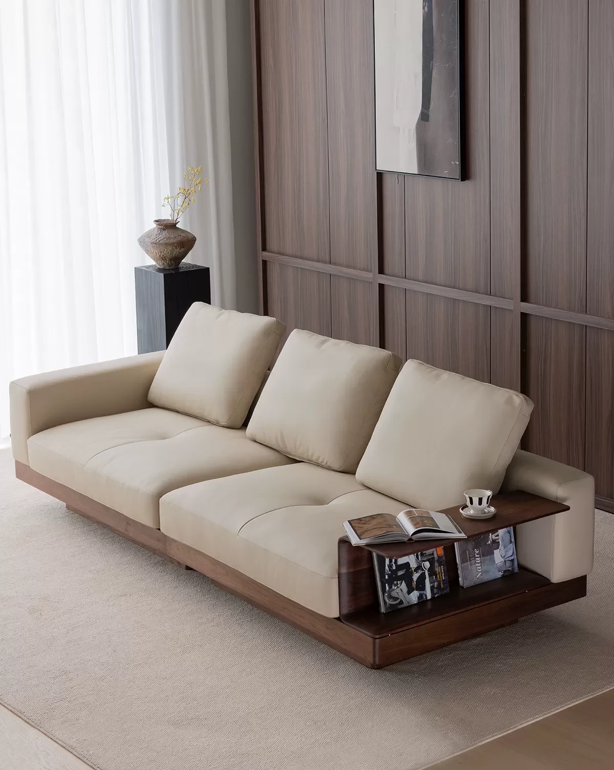black walnut solid wood leather sofa  soft bag first layer cowhide