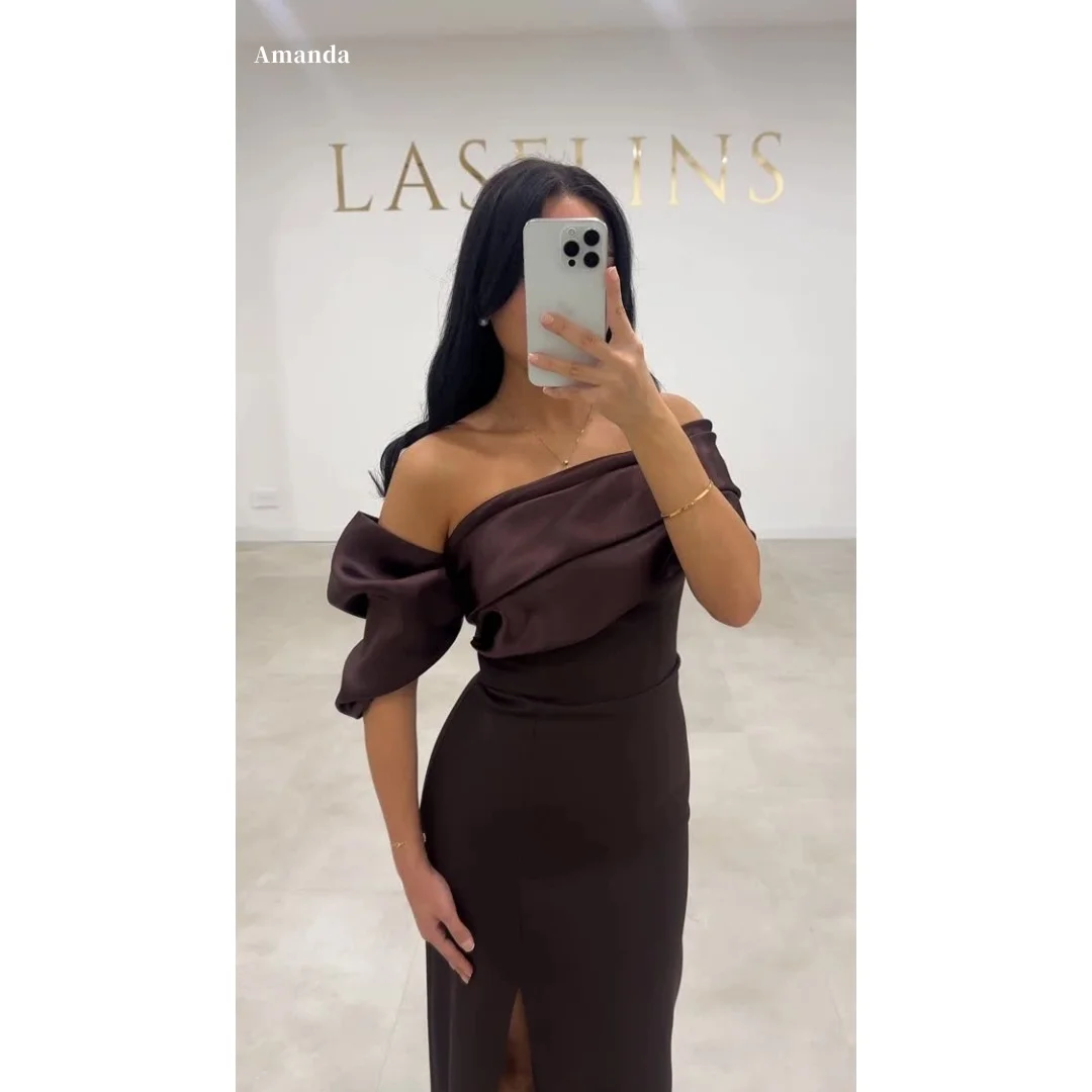 

Amanda Customized Chocolate Off-Shoulder Prom Dress Satin Fabric Puff Sleeve vestidos de noche Slim Fit High Slit Formal Evening