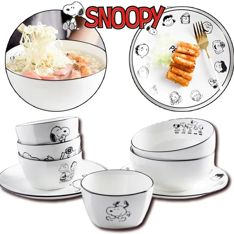 1Pcs Kawaii Snoopy Ceramic Bowls Pasta Bowl Anti-drop Students Ramen Noodle Bowl with Lid Soup Bowls Ceramic Creative Rice Bowl