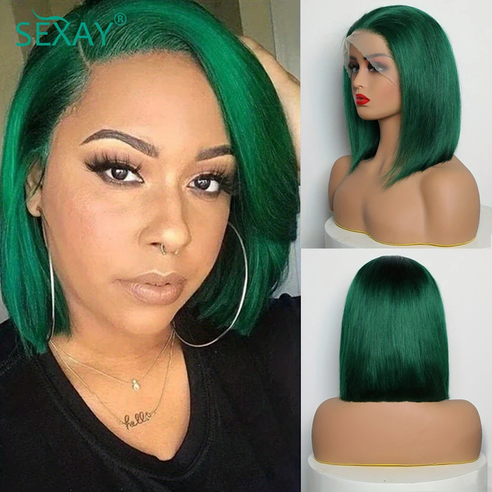 13x4 Green Lace Front Wig Human Hair Ear To Ear Lace Frontal Wigs Pre Plucked Turquoise Colored Human Hair Short Bob Wigs Sale