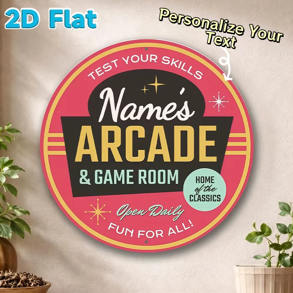 Custom Arcade Game Room Metal Sign, Personalized Name Round 2D Flat Metal Plaque Retro Game Room Wall Decor Gift 8 Inch