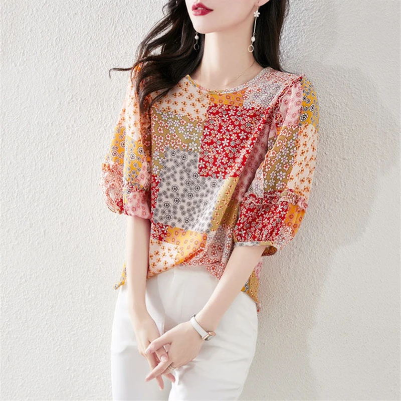 Summer Women\'s Clothing Korean Fashion Print Ruffle Elegant Sweet Blouse Casual Half Sleeve Loose Shirt Chic Chiffon Tops Blusas