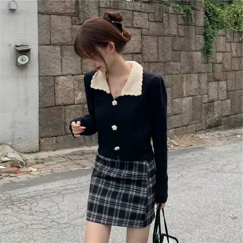 2024 New Retro Sweet Girl Versatile Sweater Cardigan Loose Long Sleeve Doll Collar Solid Color Spliced Button Women\'s Coat Top