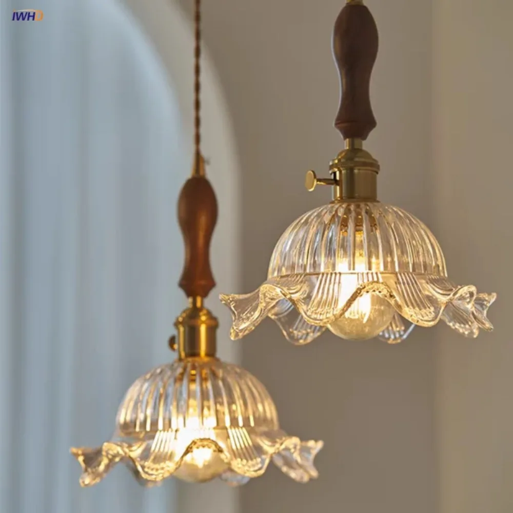 Knob Switch LED Pendant Lights Nordic Modern Balcony Living Room Walnut Wood Clear Flower Glass Hang Lamp Luminaire Suspend