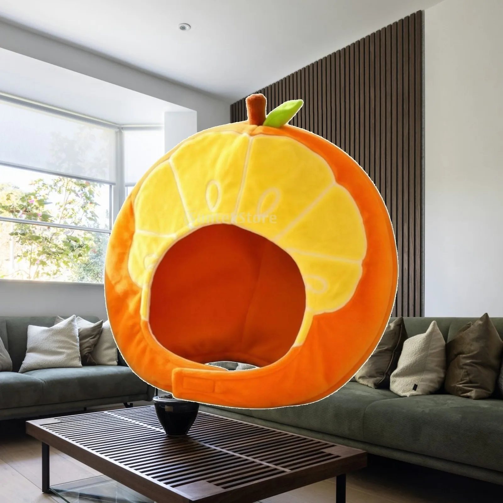 Soft Orange Shaped Cartoon Hood with Leaf Stem Detail for Festive Costume Photoshoot Prop