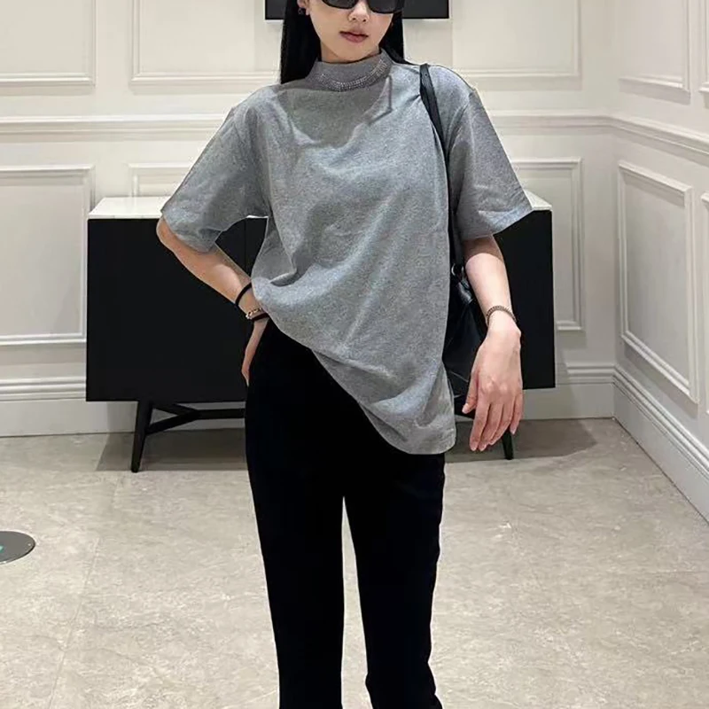 Women's high neck hot diamond t-shirt, fashion casual loose top, high quality cotton short sleeve long body shirt, 2025 spring,