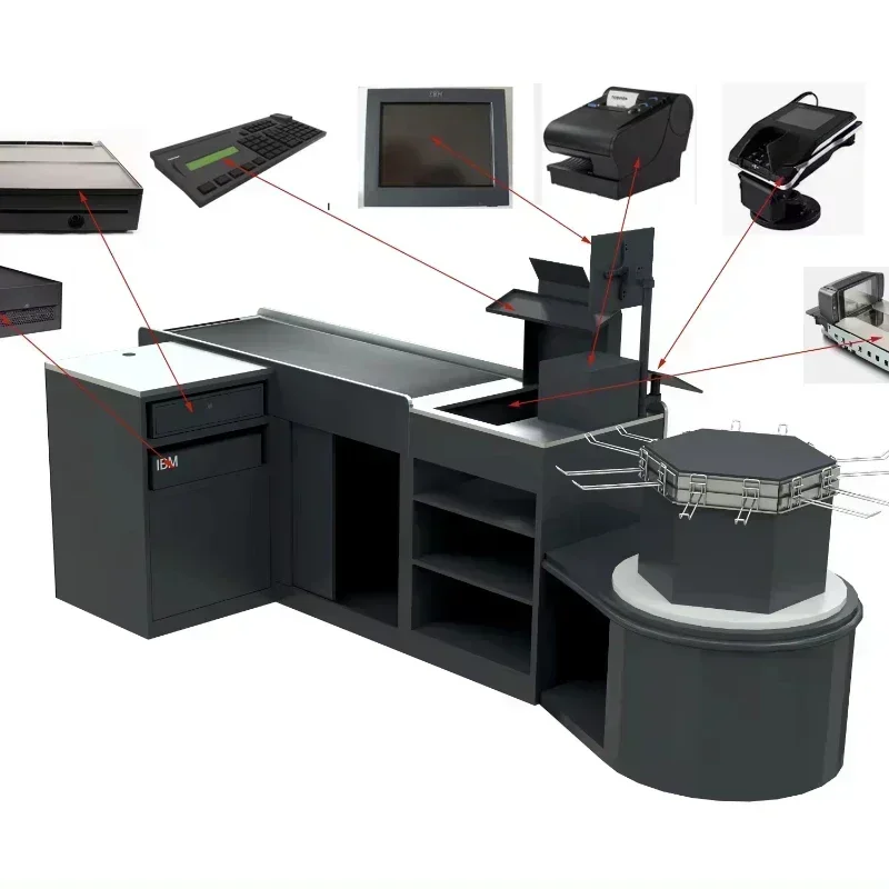 Supermarket, retail, grocery store, electric cash register, automatic checkout counter with conveyor belt
