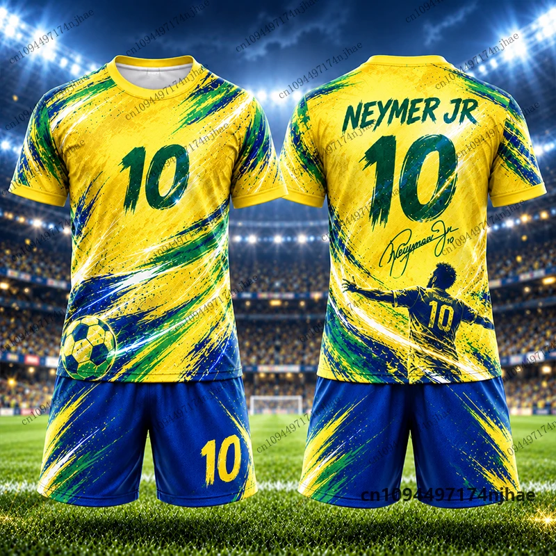 Children‘s Tracksuit Brazil Fans Neymar No.10 Print T-Shirt+Shorts Sets Football Jersey Suit Sports Kids/Adult 2 Piece Outfits