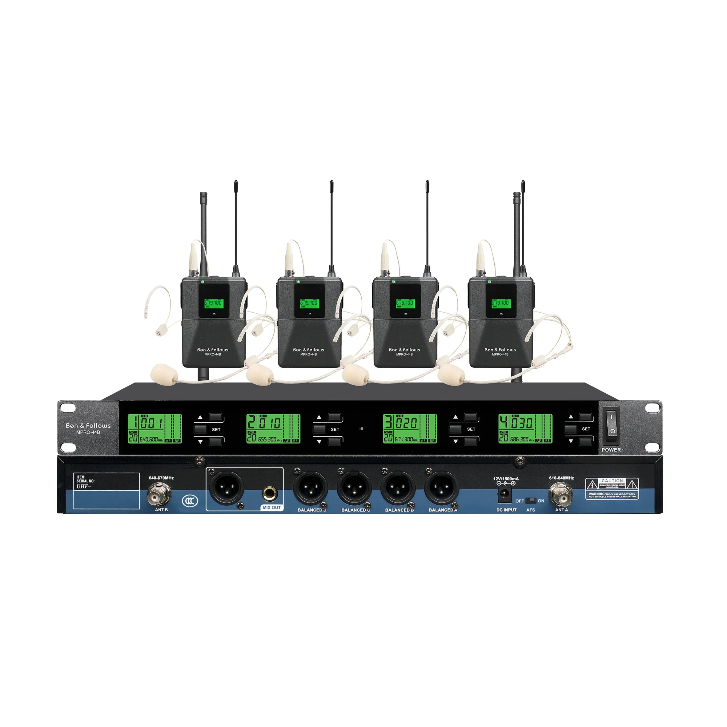 Professional UHF PLL 4-Channel Audio Stage Show Cordless Wireless Microphones Belt-pack Transmitter+Mini Headset Mic