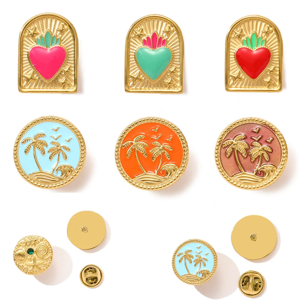 

3pcs/Lot Stainless Steel Enamel Coconut Tree Heart Brooch Crab Starfish Jewelry Pin For Women Daily Wear Fashion Jewelry