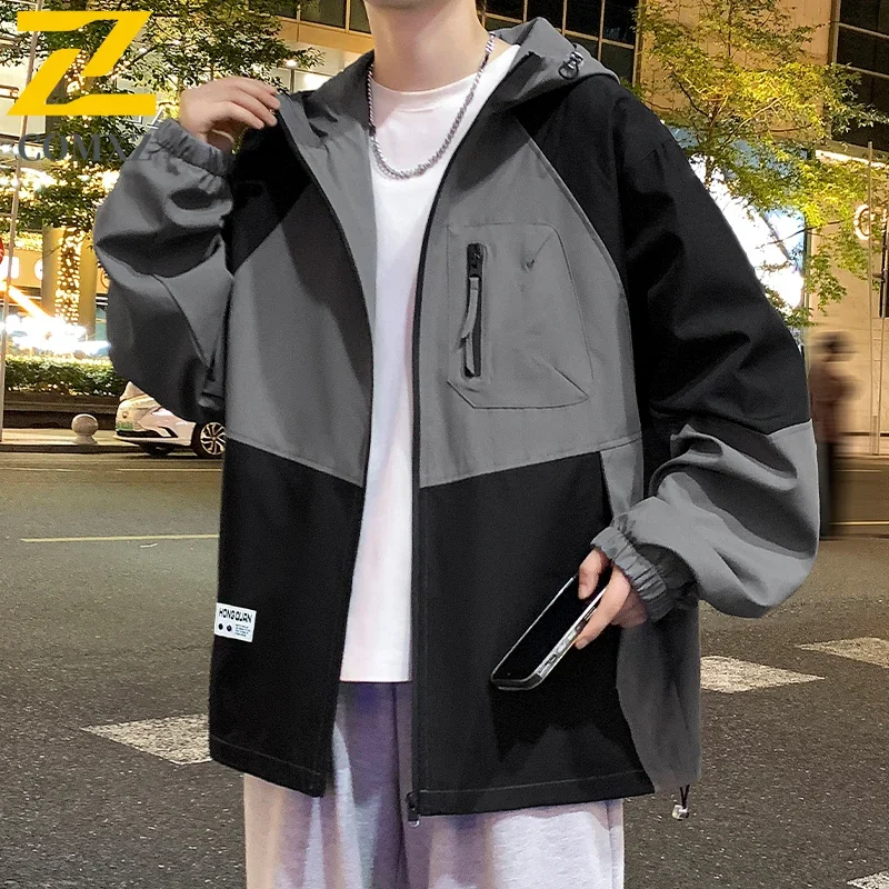 

Japanese Men's Jacket Spring and Autumn Retro Color Blocked Waterproof Hooded Windbreaker Youth Men's Street Hip-hop Style Coat