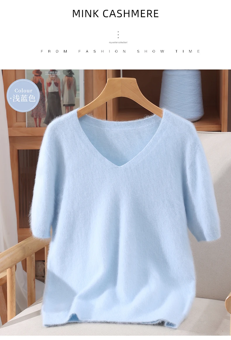 Damen 100% Reiner Nerz-Kaschmir V-Ausschnitt Pullover T-Shirt Einfarbig Gestrickt Modisch Vielseitig Kurzärmeliger Pullover – Detail 18