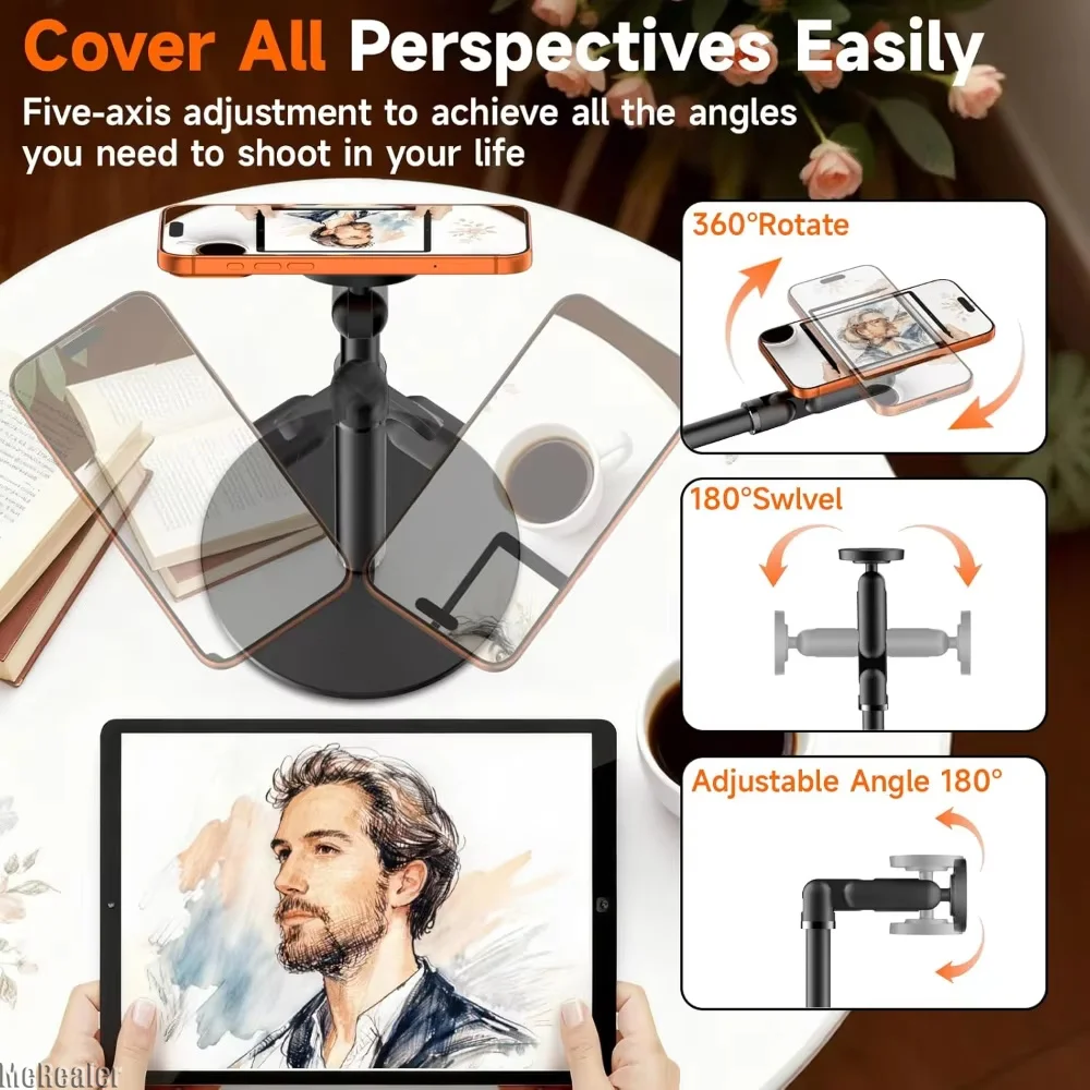 5-Axis Magnetic Phone Tablet Stand - 360° Horizontal Rotation Secure Adhesion Height Adjustment Portable