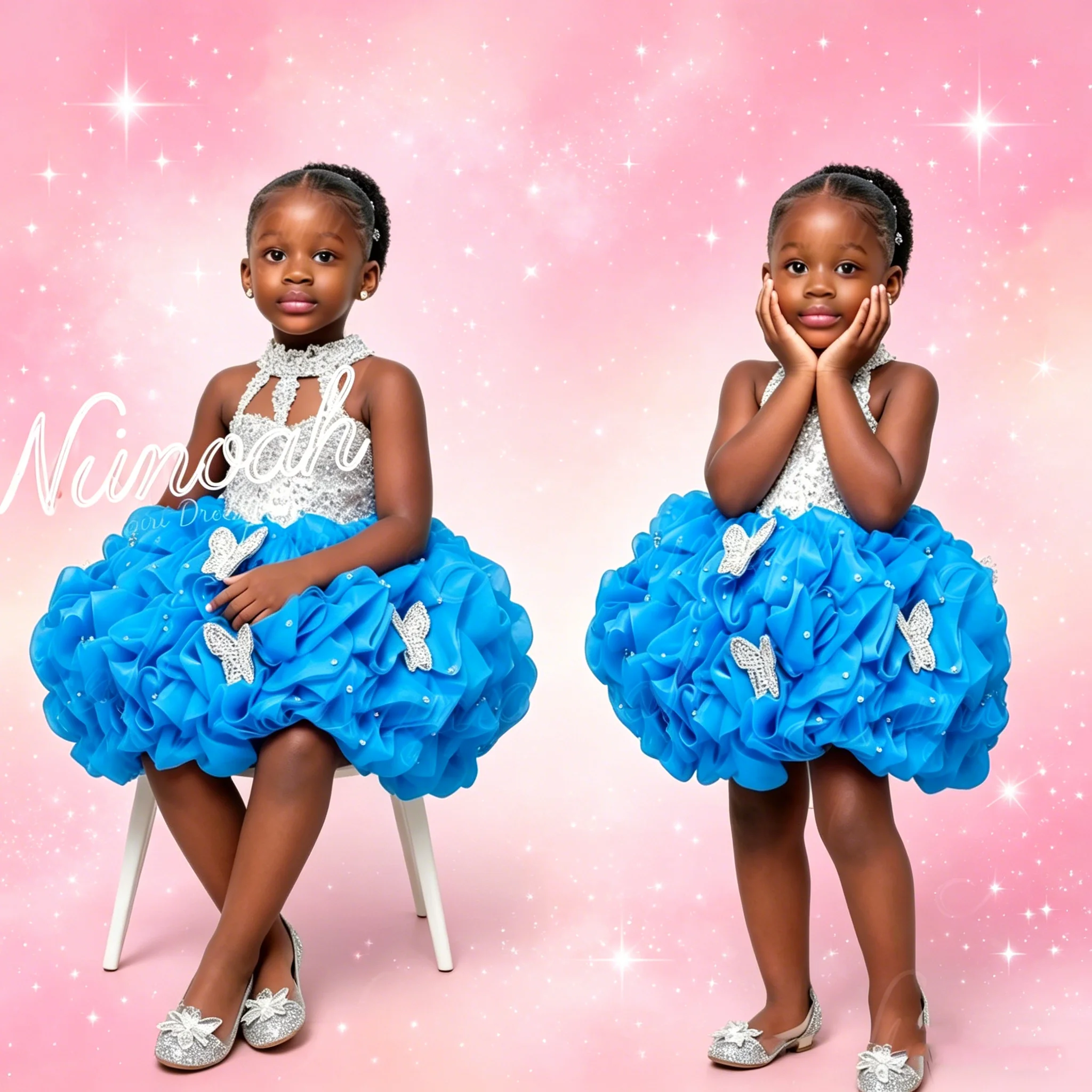 Blue Flower Girl Dress For Wedding Ruffles Girl Birthday Party Gowns with Bow Sleeveless First Holy Communion Gown Customized