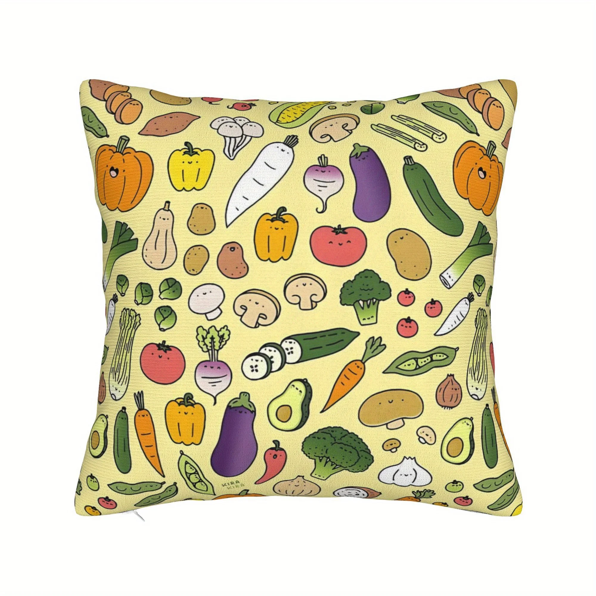 Veggie Doodle Pillow Cover Colorful Hand-Drawn Vegetables Print, Soft Cotton-Poly Blend, Hidden Zipper, Machine Washable