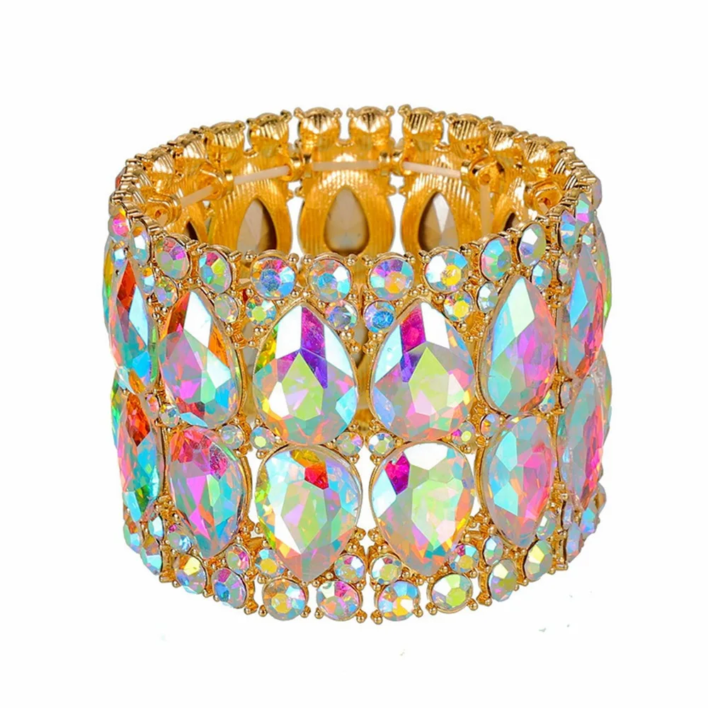 Fashion Womens Double Row Rhinestone Elastic Bracelet Wide Bangles