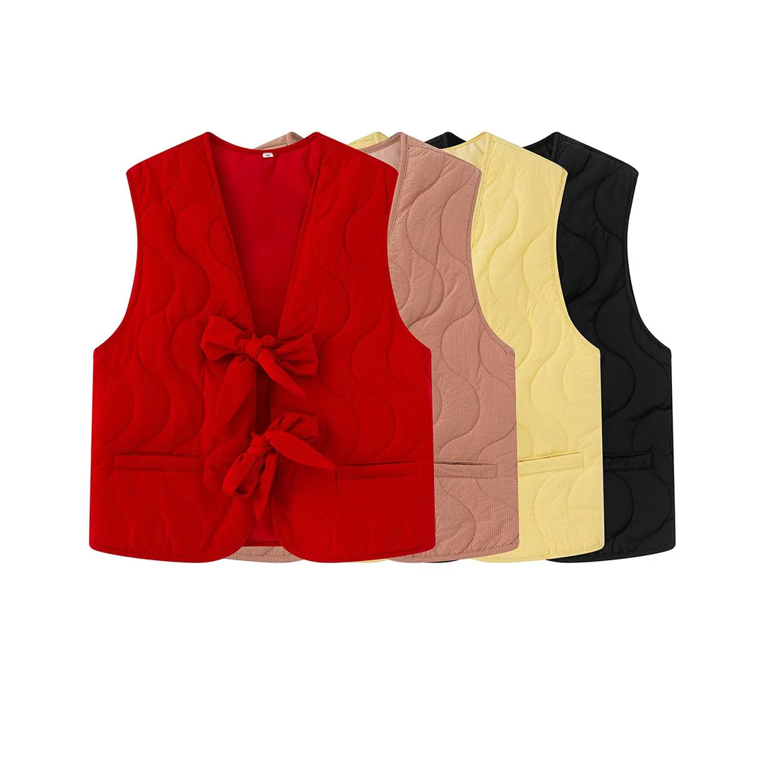 

Women's Faionable Knot Cotton Vest Solid Color Multi-Pockets Outwear Autumn Winter Waistcoat Fleece Sleeveless Jacket Lady Coat