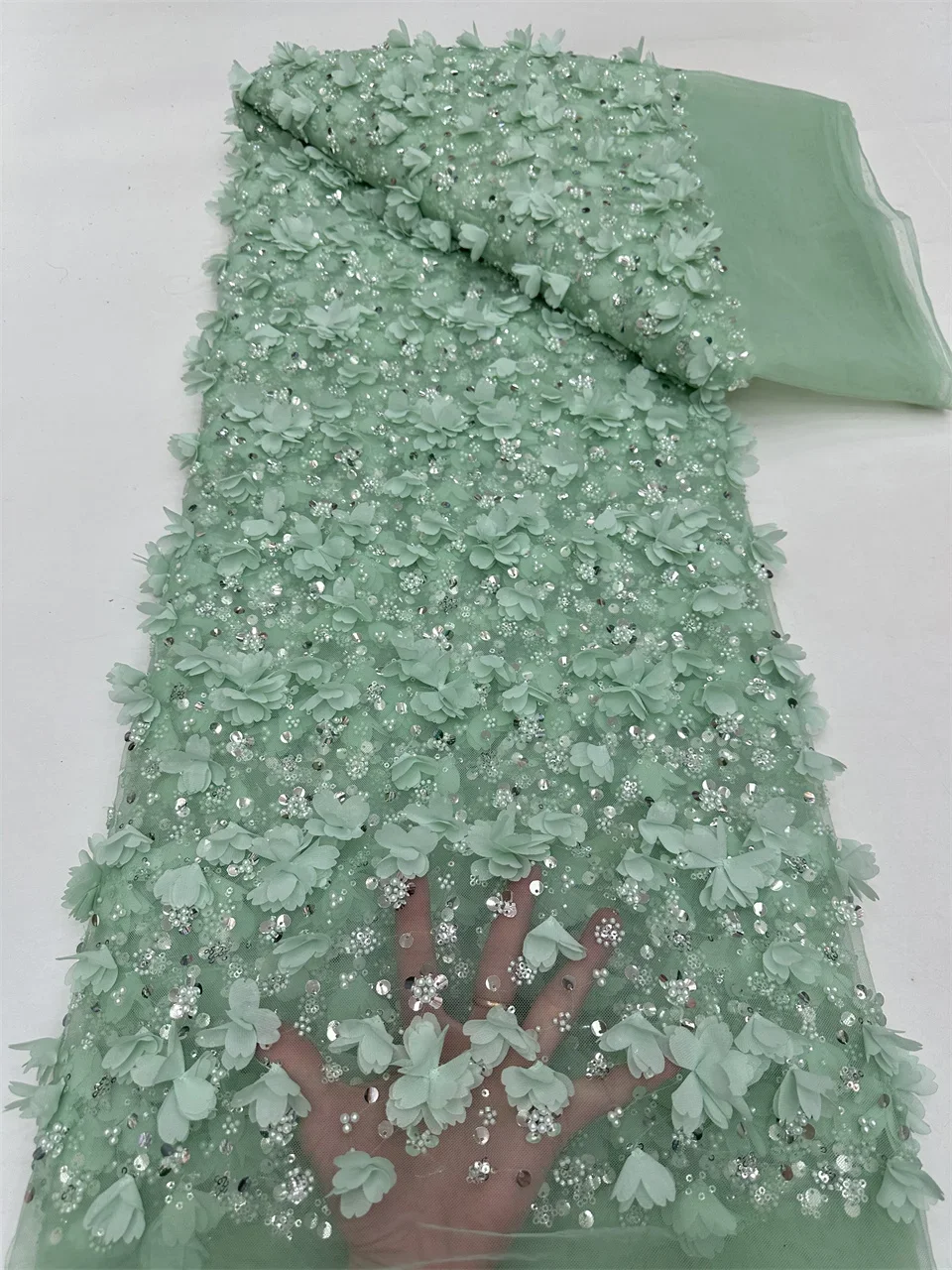 

2024 Luxury African Lace Fabric 5 Yards Dubai 3D Beaded Tulle Lace Fabric Embroidered Flower Nigerian Fabric for Sewing NRF6115