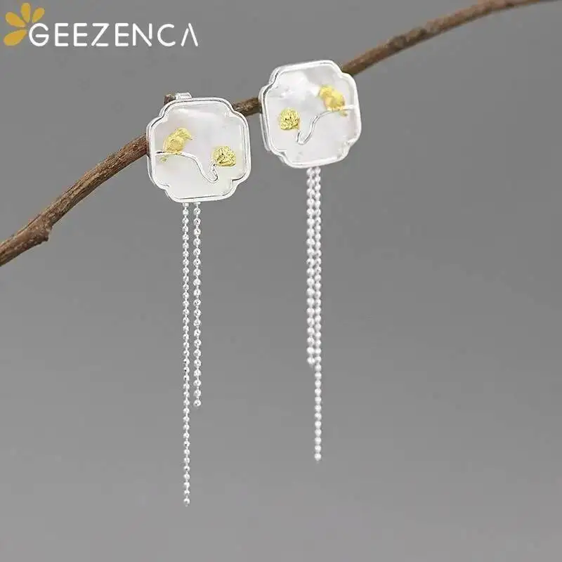 

GEEZENCA White Mother of Pearl S925 Silver Two Tone Plated Earrings For Women Lotus Bird Long Tassels Dangle Earring