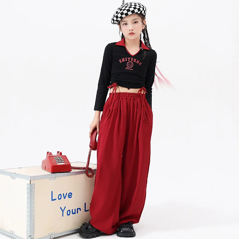 

Kid Hip Hop Clothing Black Ruched Crop Top Long Sleeve T Shirt Wine Red Wide Casual Pants for Girls Jazz Dance Costume Clothes