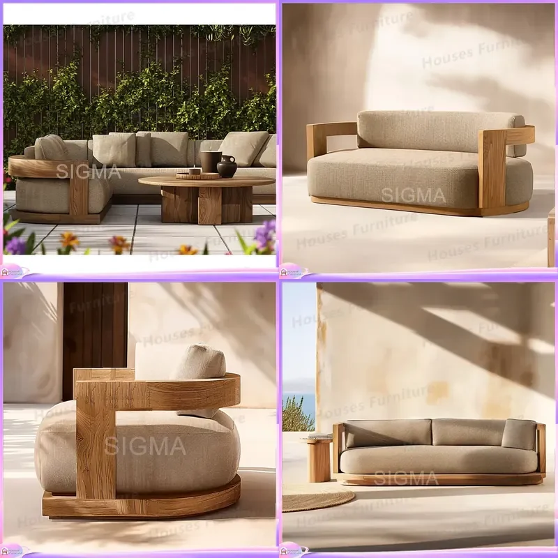 Luxury Mediterranean Teak Sofa Set Outdoor Garden Furniture Modern Waterproof Fast Drying Cushion Durable Patio Sectional