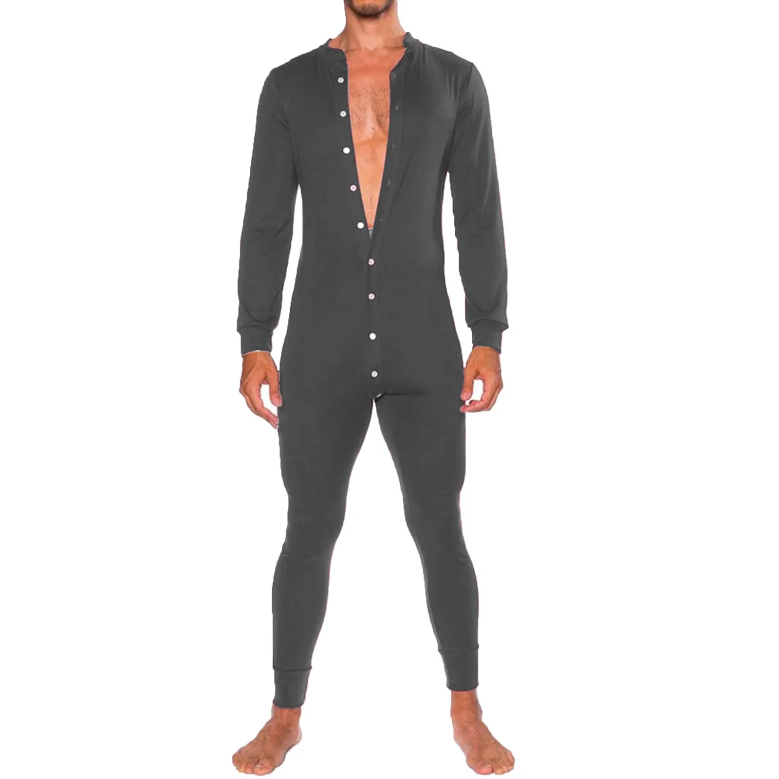 

Mens Jumpsuit Romper Pajamas Casual Button Single-Breasted Bodysuit Long Sleeve Bodycon Sleepwear Male Autumn Solid Home Wear