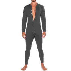 Mens Jumpsuit Romper Pajamas Casual Button Single-Breasted Bodysuit Long Sleeve Bodycon Sleepwear Male Autumn Solid Home Wear