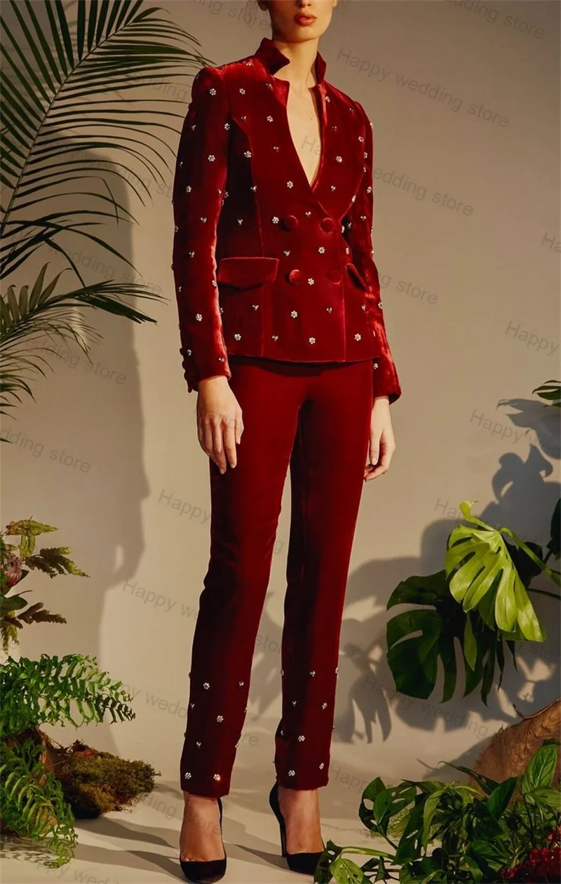 

Red Velvet Crystals Formal Women Suit Pants Set 2 Piece Blazer+Trousers Business Office Lady Coat Jacket Customized Prom Outfit