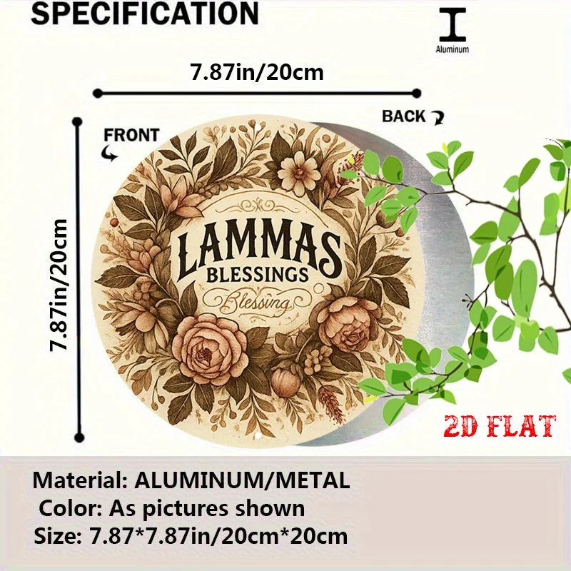 2D Flat, 1pc Vintage Lammas Blessings Floral Wreath Round Metal Wall Decor - Rustic Farmhouse Beige & Brown Autumn Sign with Bei