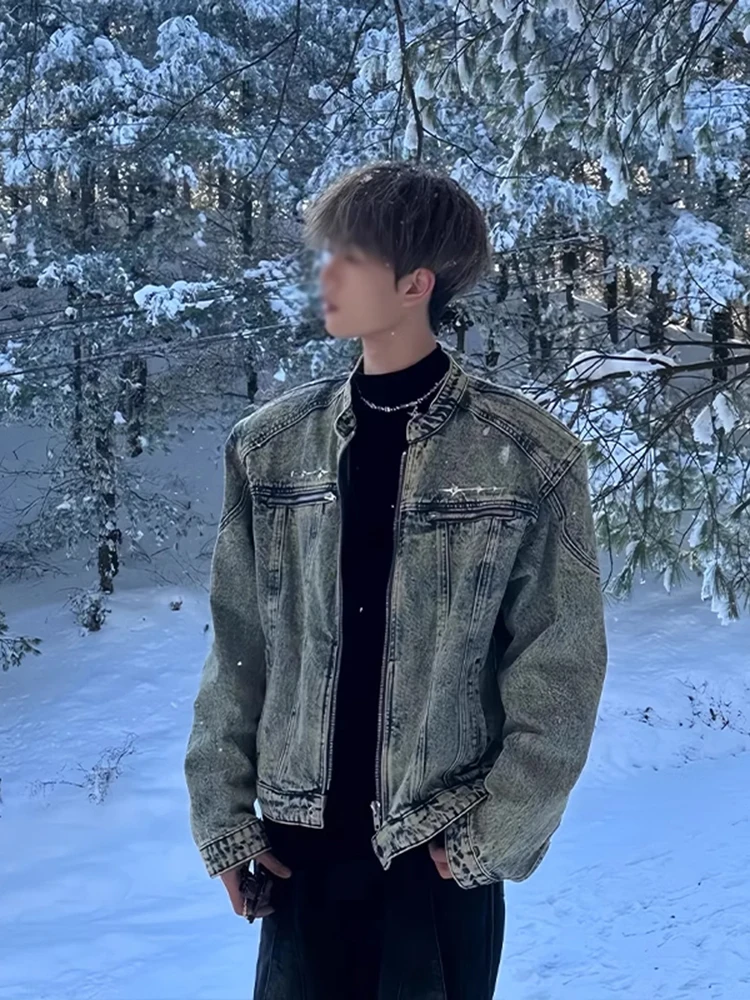 

Мужская джинсовая куртка Waed в винтажном американском стиле, свободного кроя, с воротником-стойкой, с подкладкой на плечах, для весны и осени, в стиле Cleanfit